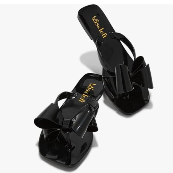Miss left Black Open Square Toe Flip Flops Double Bowknots Slip On Thong Sandals - Picture 1 of 8